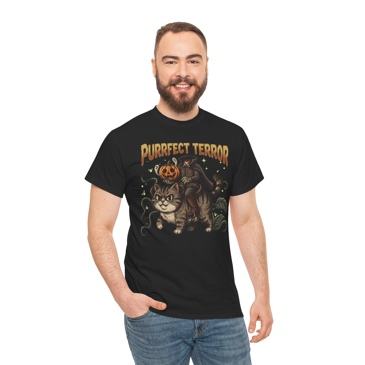Purrfect Terror Headless Horseman Tabby Cat T-Shirt — Spooky Halloween Tee