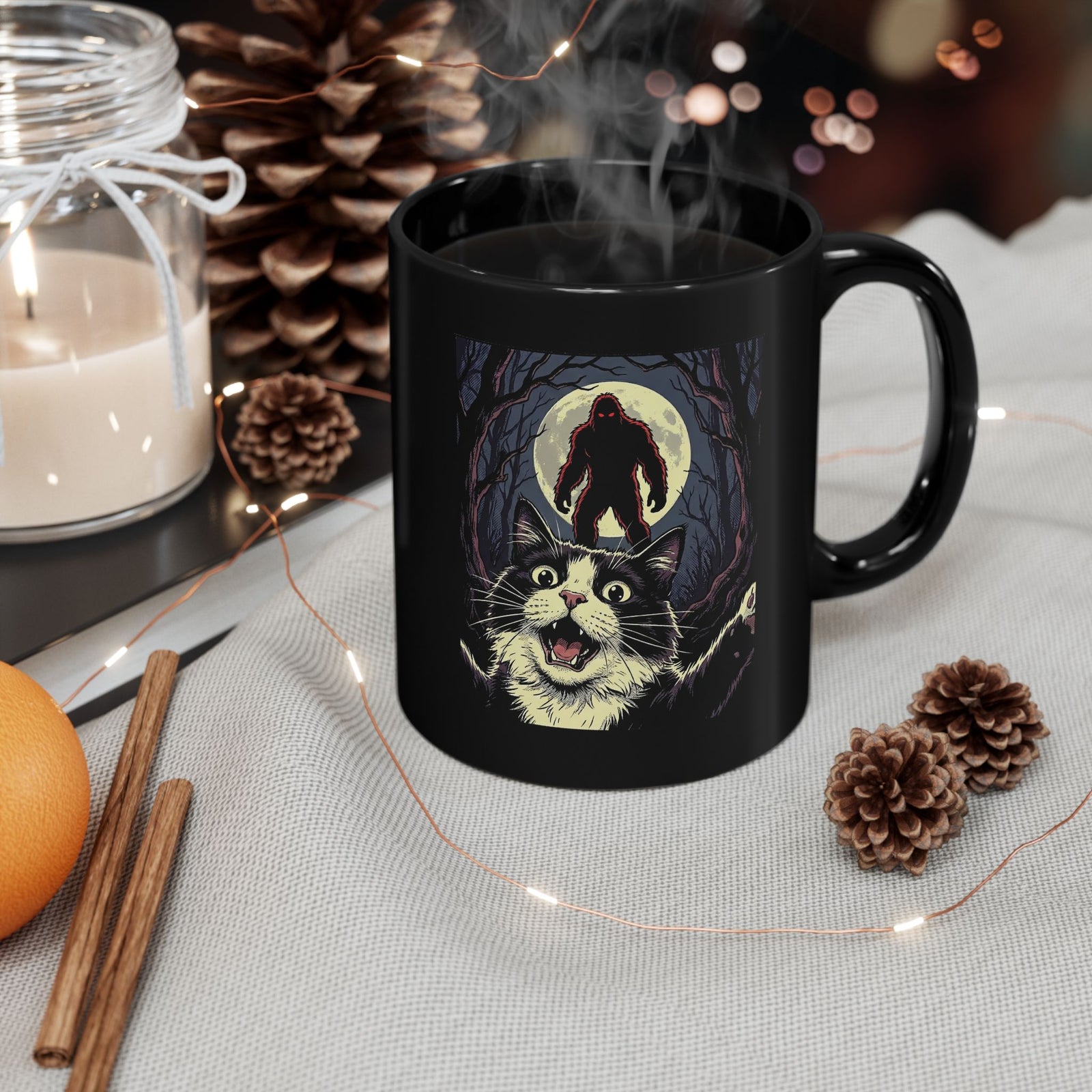 Cat Selfie with Bigfoot Black Mug