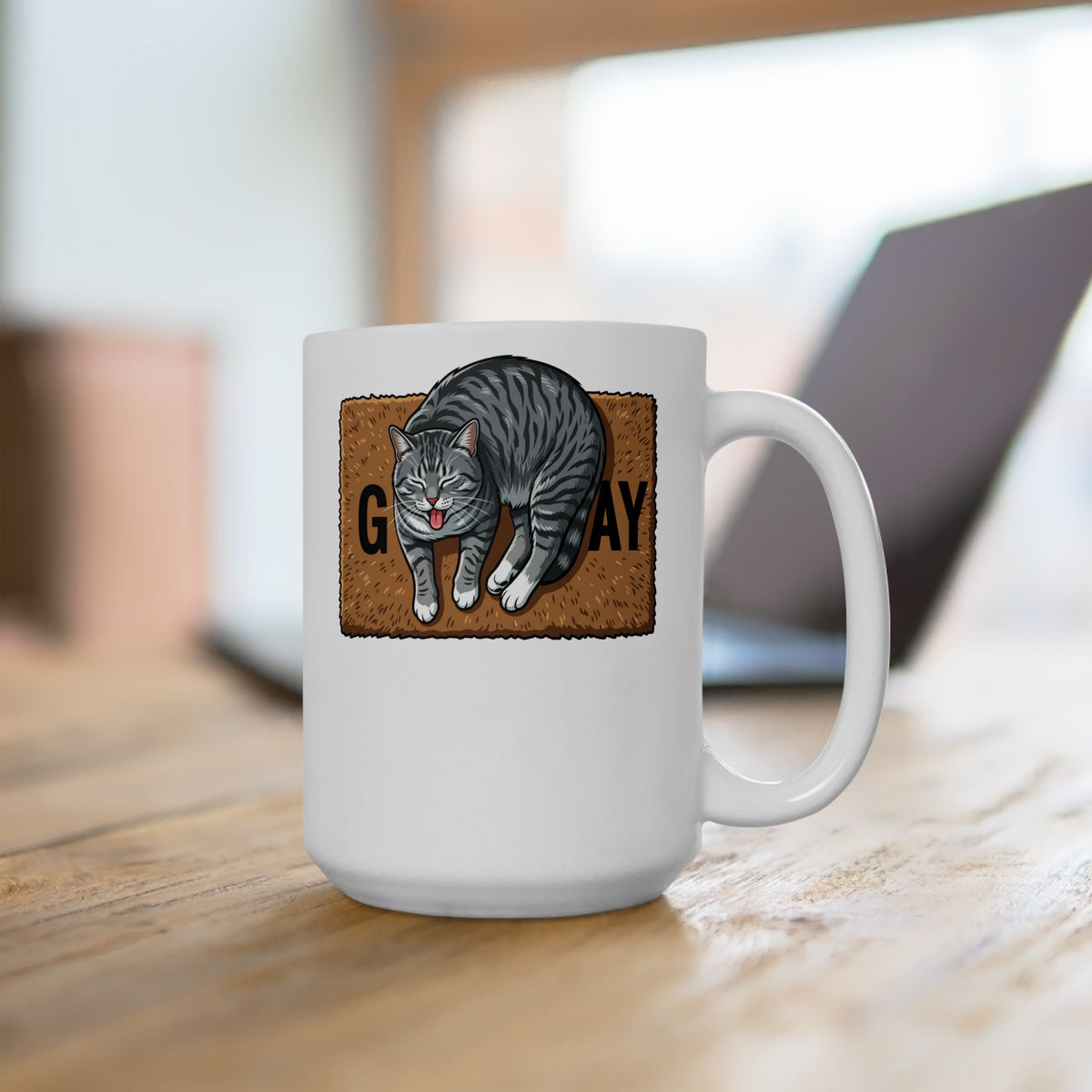 Funny Gay Cat Ceramic Mug — Cute Grey Tabby LGBTQ Pride Mug