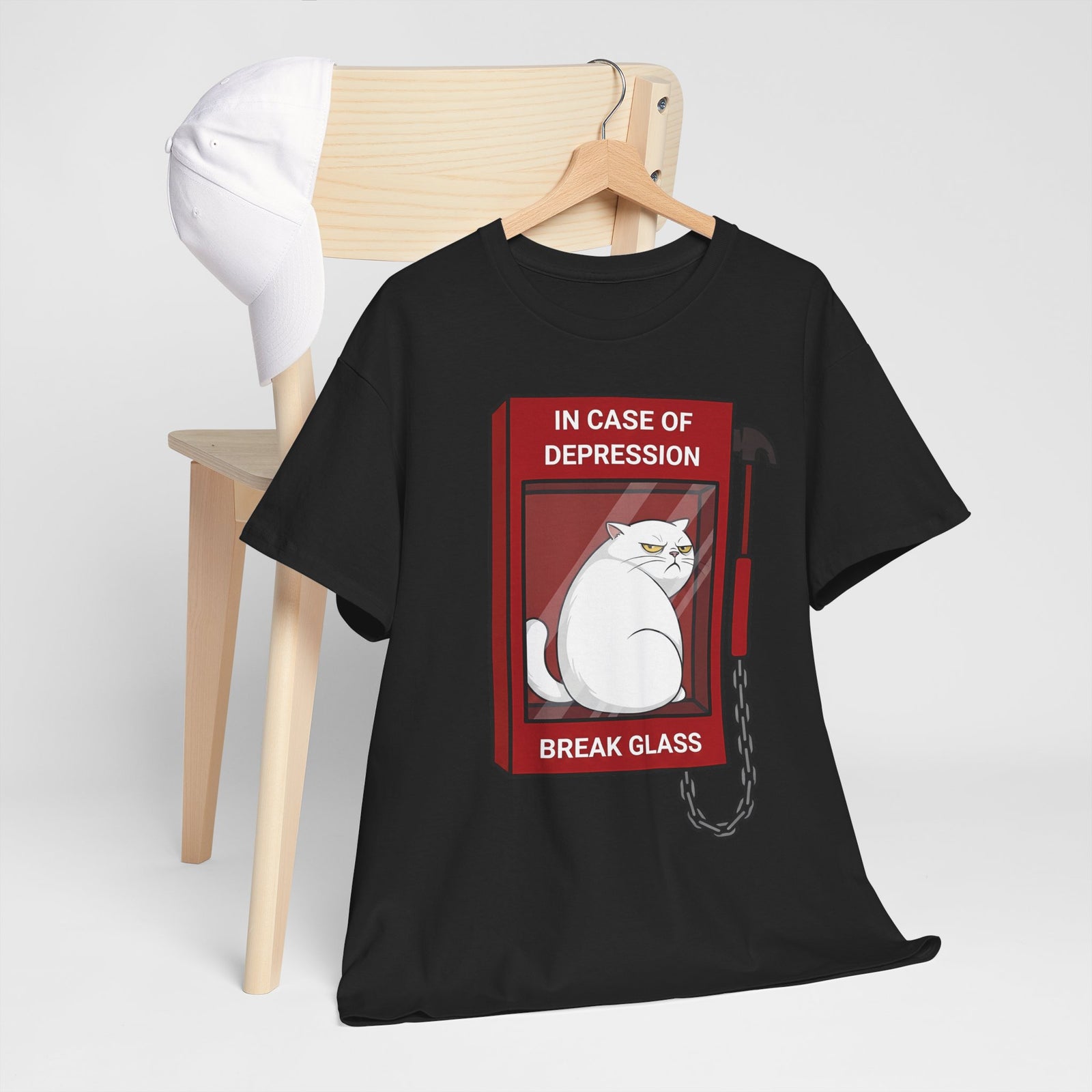 In Case Of Depression Break Glass T-Shirt — Funny Grumpy White Cat Emergency Tee
