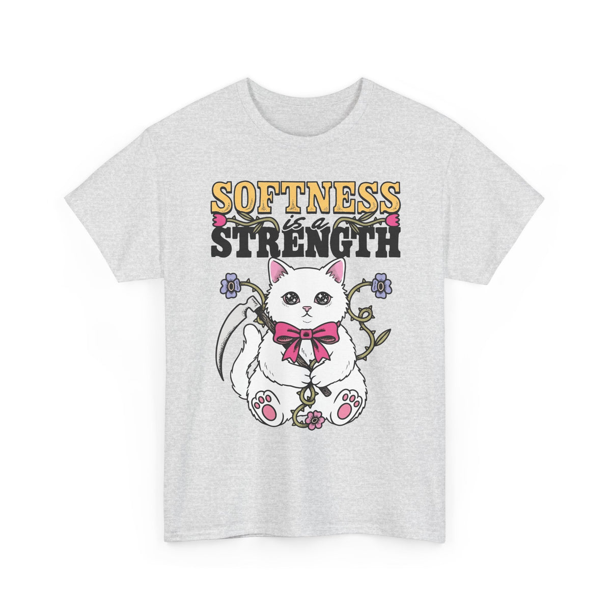 Softness Is A Strength T-Shirt — Funny Cute White Kitten Scythe Graphic Tee