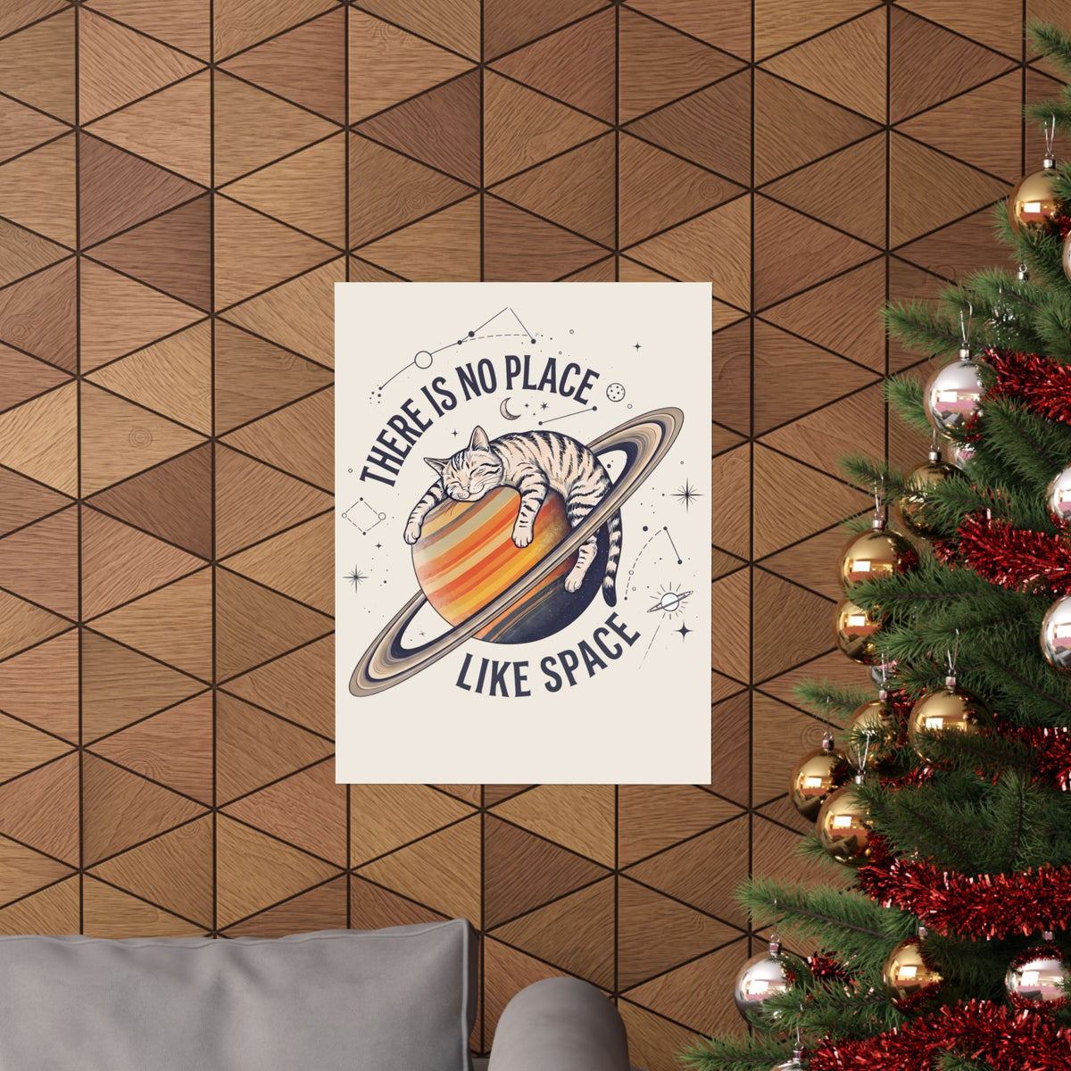 There Is No Place Like Space Poster — Funny Sleeping Cat Saturn Poster