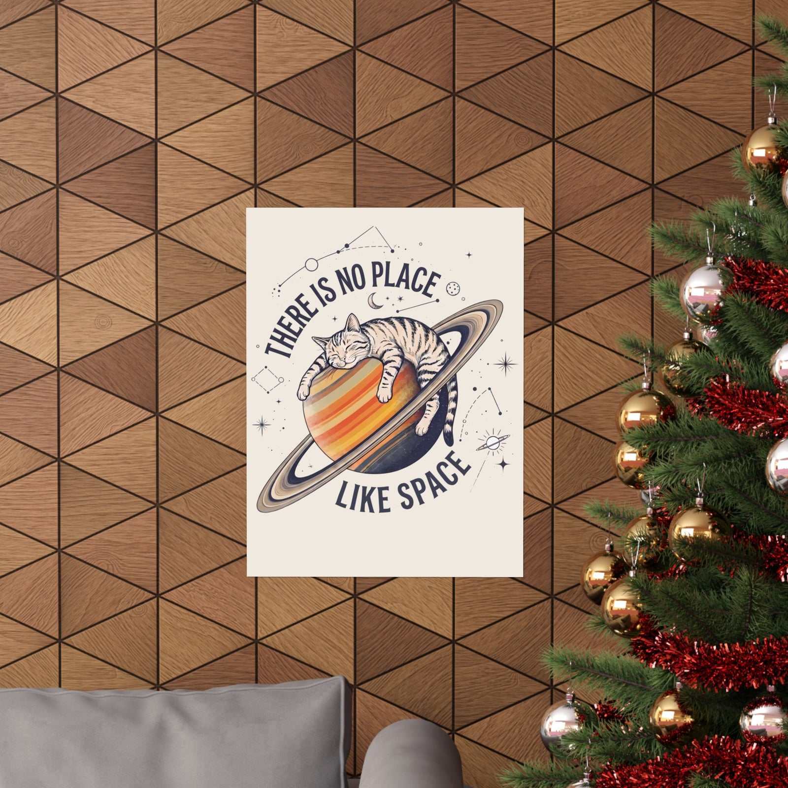 There Is No Place Like Space Poster — Funny Sleeping Cat Saturn Poster