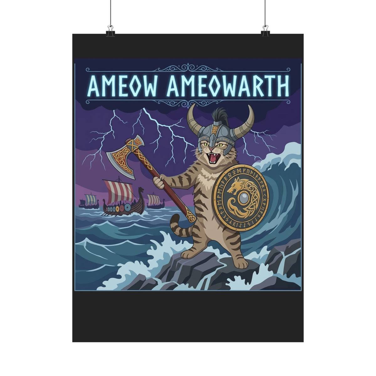 Ameow Ameowarth Cat Viking Poster — Funny Viking Cat Graphic Poster