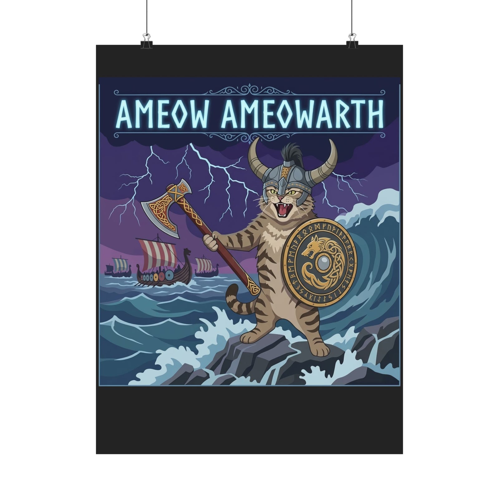 Ameow Ameowarth Cat Viking Poster — Funny Viking Cat Graphic Poster