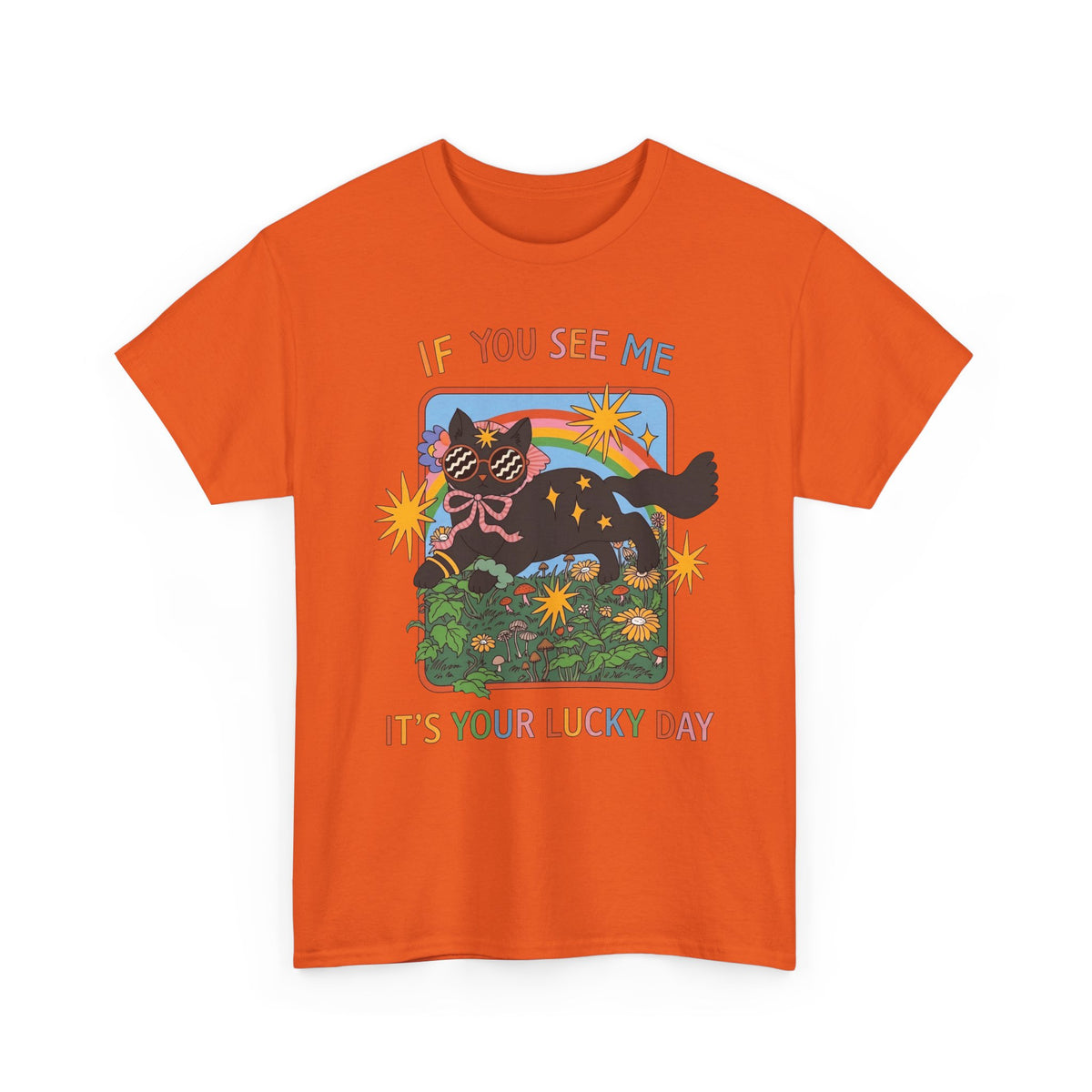 If You See Me It's Your Lucky Day T-Shirt — Retro Groovy Black Cat Rainbow Graphic Tee