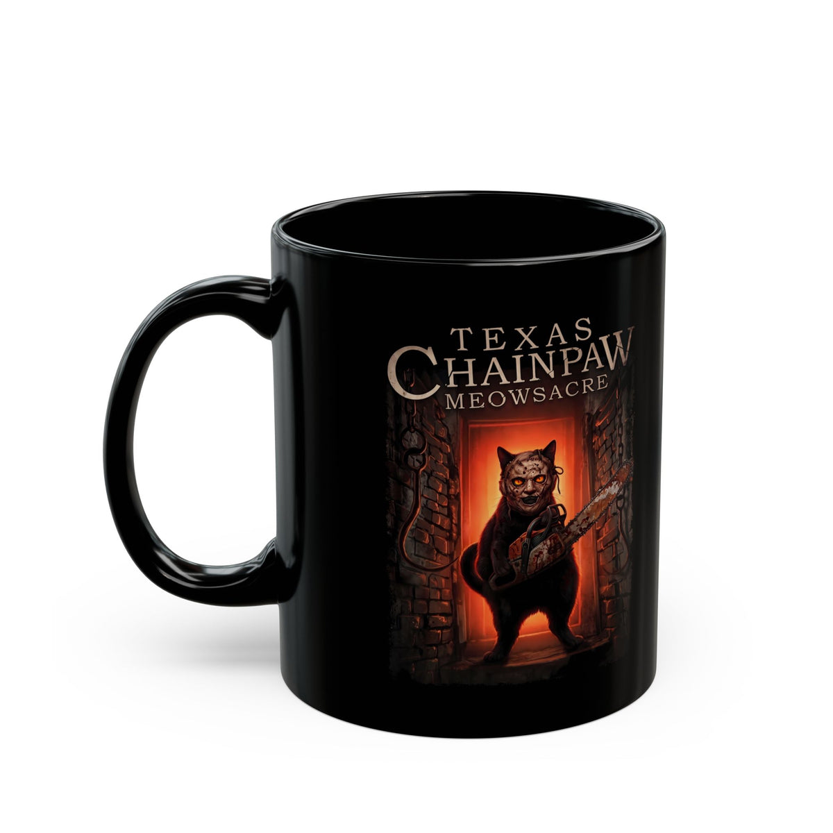 Texas Chainpaw Meowsacre Black Mug — Funny Horror Black Cat Parody Mug