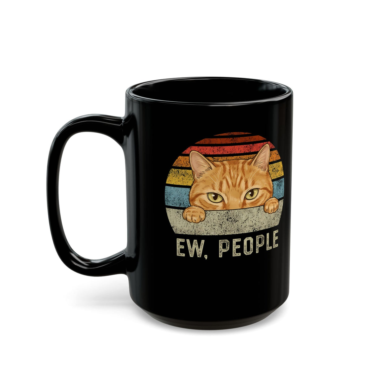 Ew People Orange Cat Black Mug — Funny Retro Sunset Introvert Graphic Mug