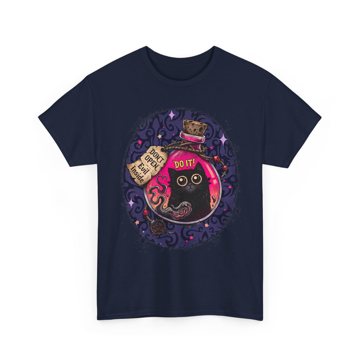 Don't Open Evil Inside Potion Cat T-Shirt — Creepy Cute Black Cat Tee