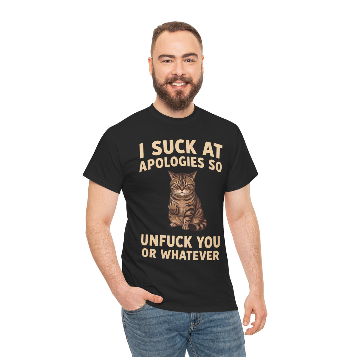 I Suck At Apologies So Unfuck You Or Whatever T-Shirt — Funny Grumpy Cat Middle Finger Tee