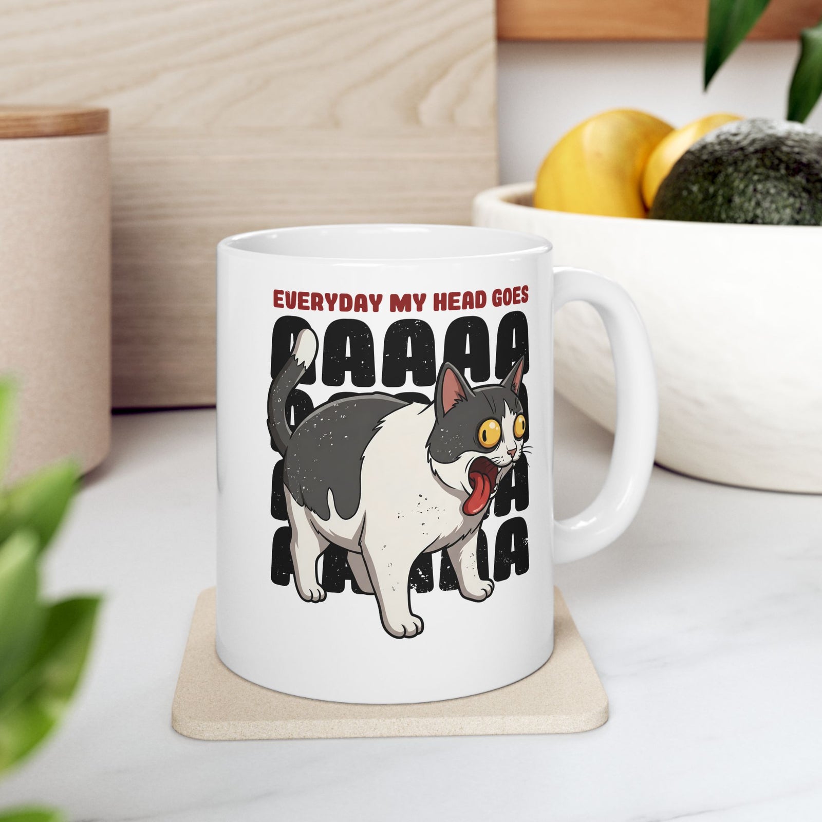 Everyday My Head Goes AAAAA Ceramic Mug — Funny Screaming Tuxedo Cat Mug