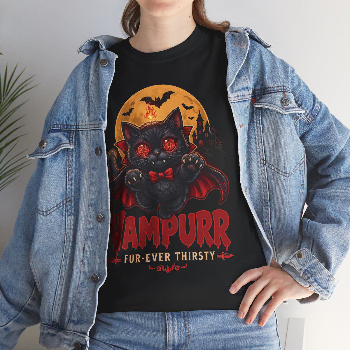 Vampurr Fur-Ever Thirsty Cat T-Shirt — Spooky Halloween Vampire Tee
