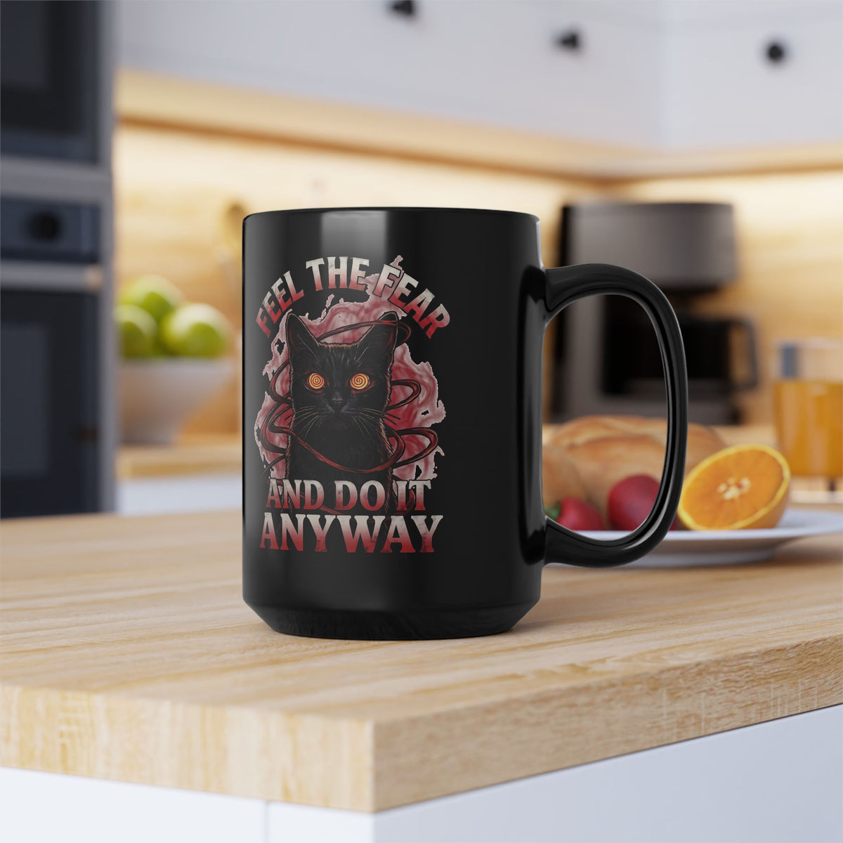 Feel The Fear And Do It Anyway Black Mug — Hypnotic Black Cat Horror Graphic