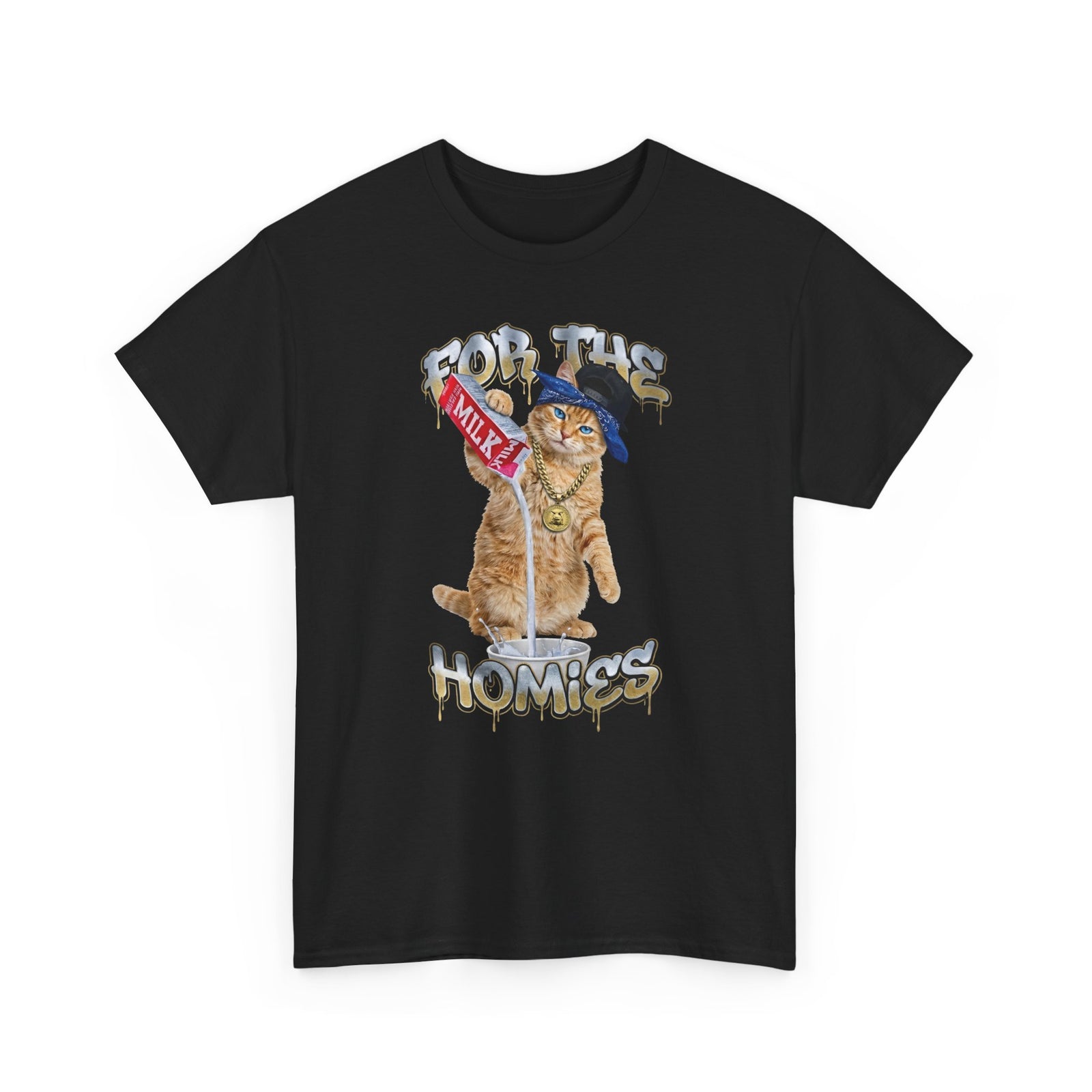 For The Homies Cat T-Shirt Funny Gangster Cat Graphic Tee, Milk Pouring Cat Shirt, Street Style Cat Lover Gift, Unisex Cotton T-Shirt