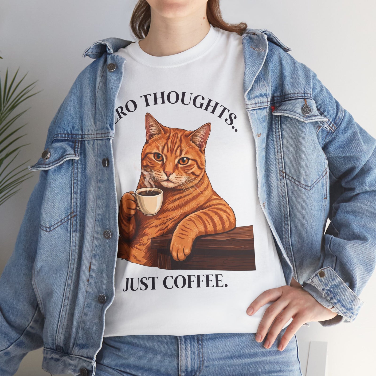 Zero Thoughts Just Coffee T-Shirt — Funny Orange Cat Morning Tee