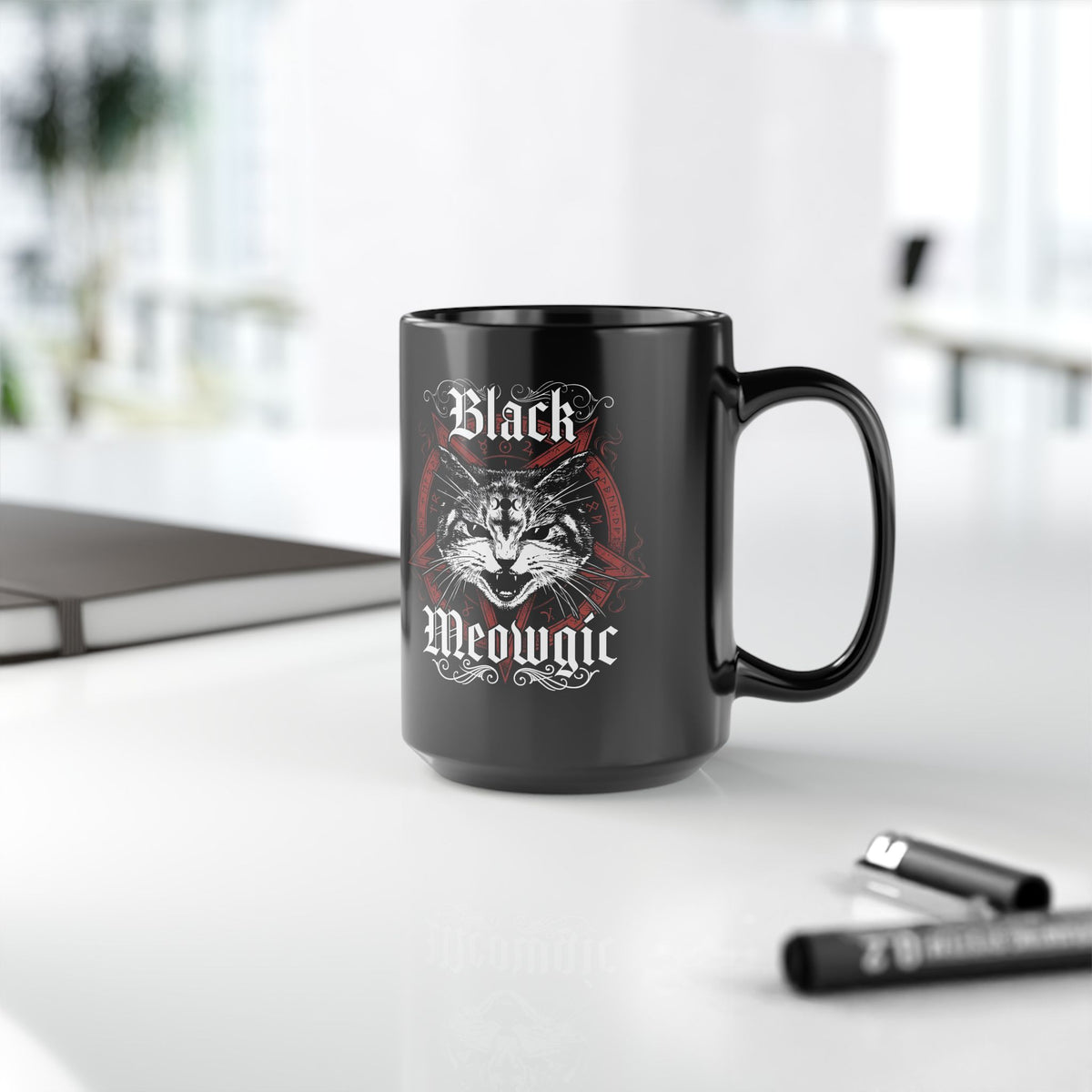 Black Meowgic Black Mug — Cute Cat Magic Graphic Mug