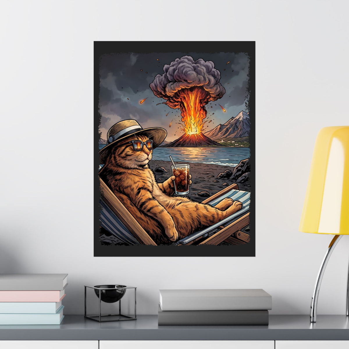 Unbothered Orange Cat Volcano Poster — Funny Chaos Beach Lounging Poster