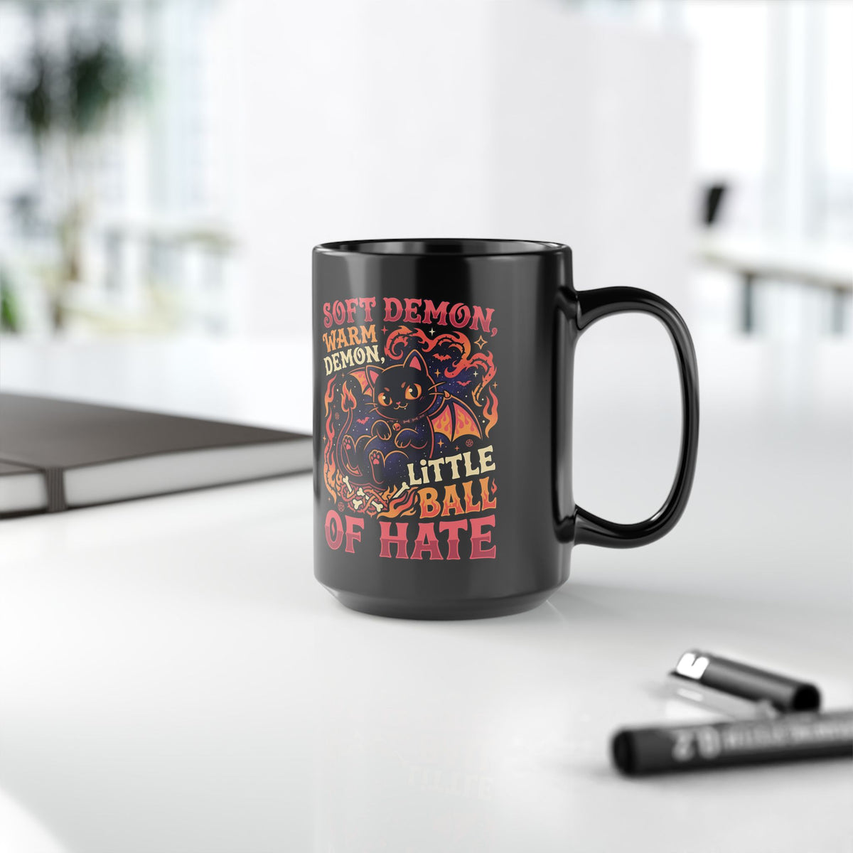 Soft Demon Cat Black Mug — "Little Ball of Hate" Cute Demon Kitty Mug