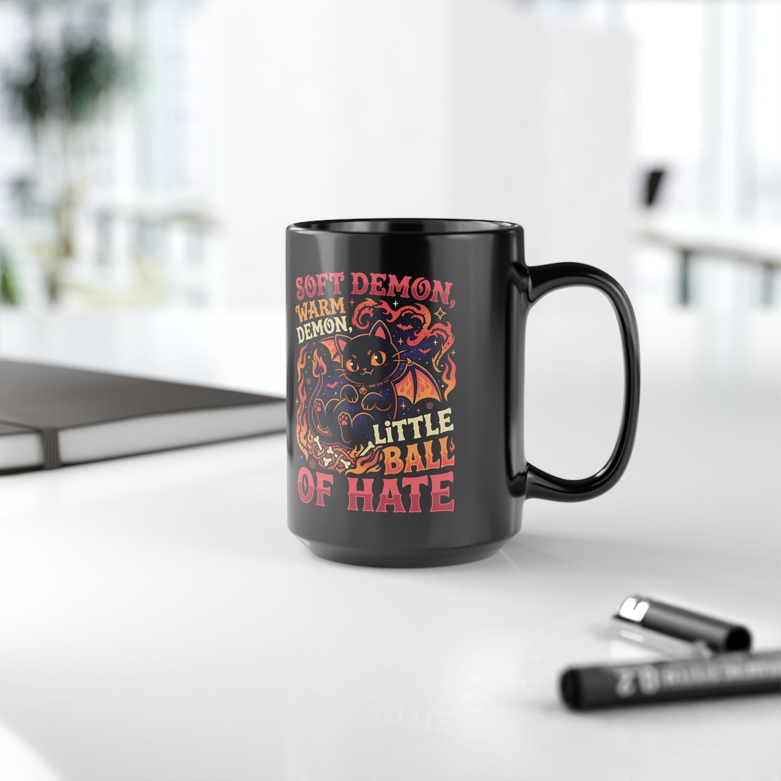 Soft Demon Cat Black Mug — "Little Ball of Hate" Cute Demon Kitty Mug