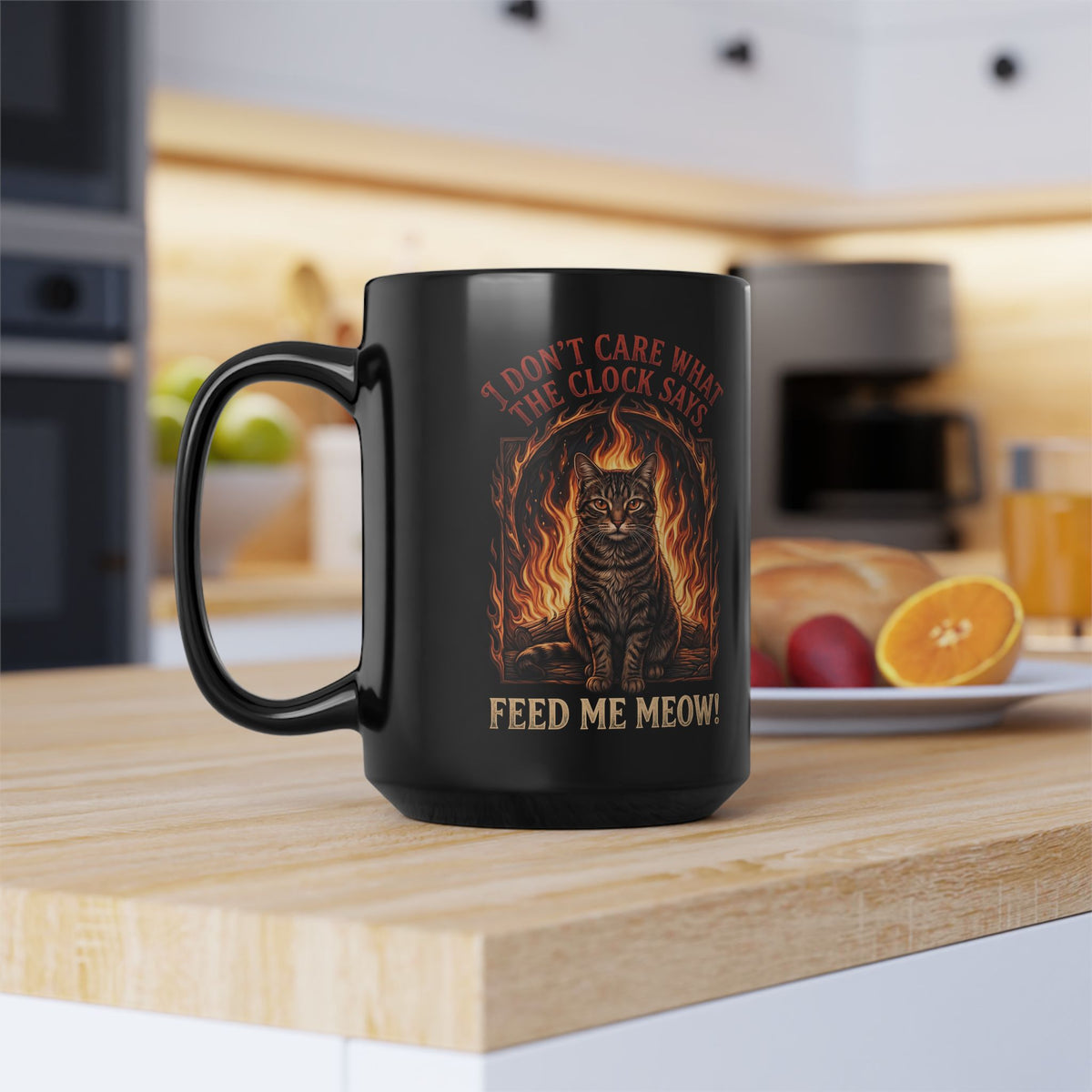Feed Me Meow Black Mug — Funny Hungry Tabby Cat Fiery Graphic Mug