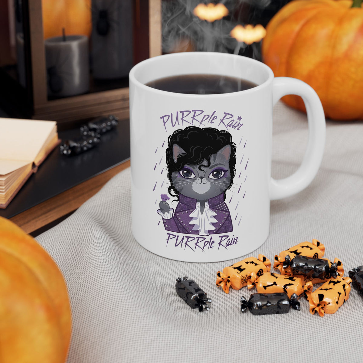 Purrple Rain Cat Parody Ceramic Mug — Cute Cat 'Purrple Rain' Graphic Mug
