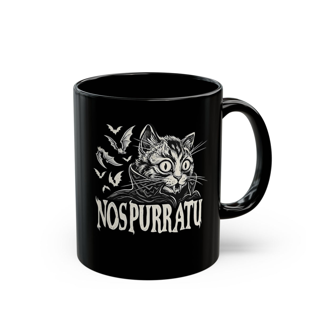 Nosferatu Cat Black Mug — "Nospurratu Cat Nosferatu" Gothic Vampire Cat Mug