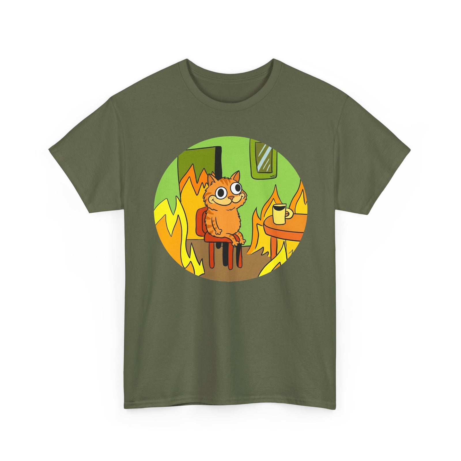This Is Fine Orange Cat T-Shirt — Funny Meme Parody Feline Graphic Tee