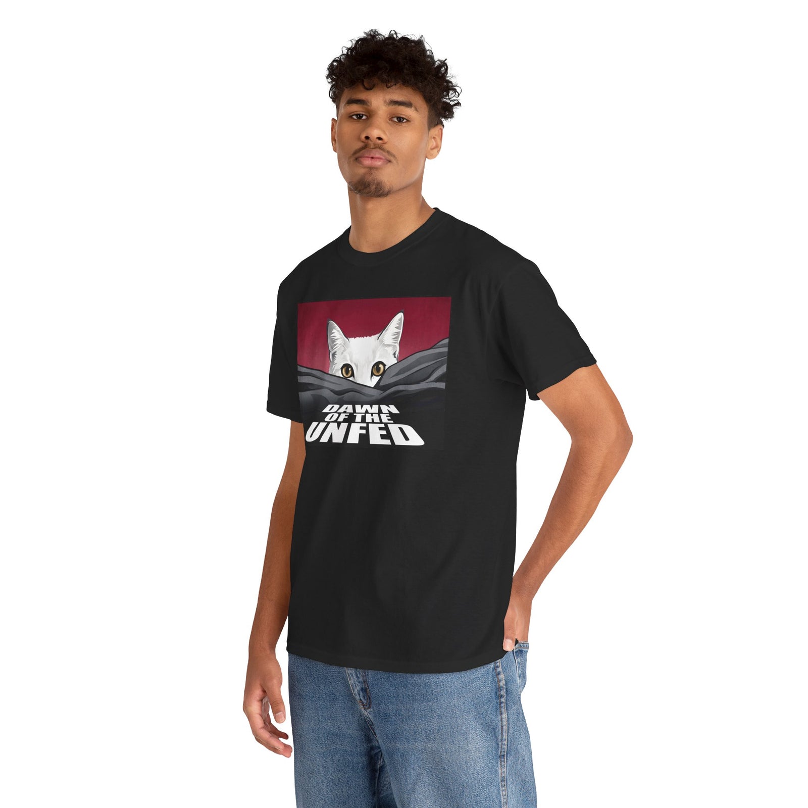 Dawn of the Unfed T-Shirt — Funny White Cat Horror Movie Parody Tee