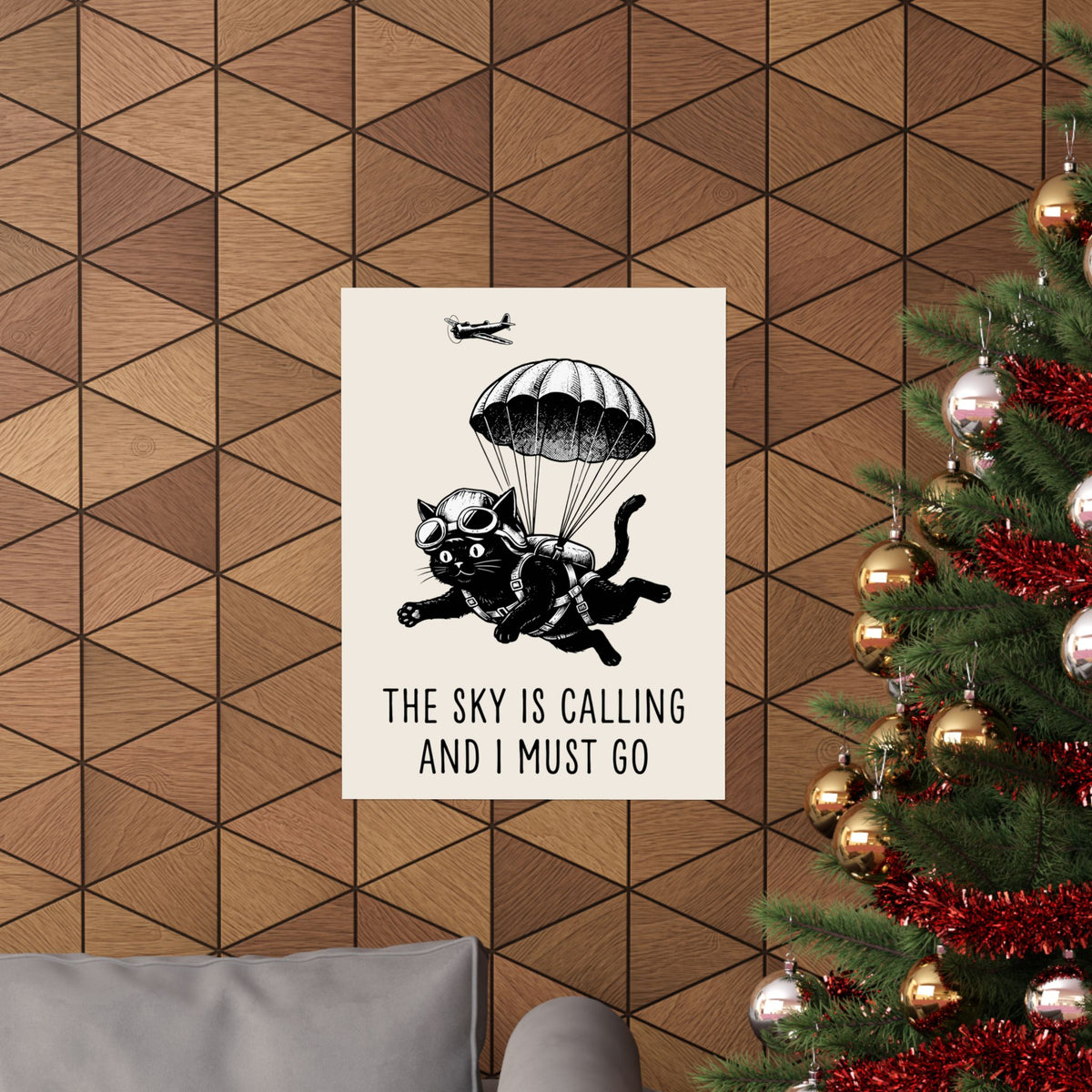 The Sky Is Calling And I Must Go Poster — Funny Parachuting Black Cat Poster