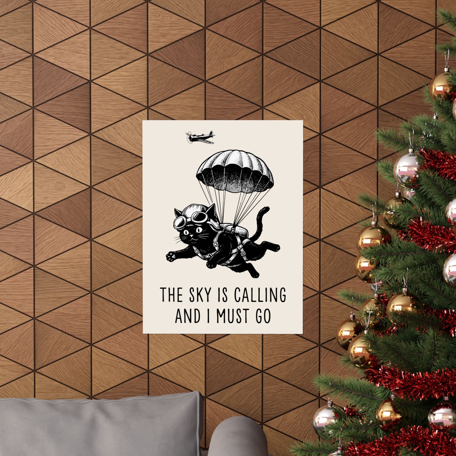 The Sky Is Calling And I Must Go Poster — Funny Parachuting Black Cat Poster