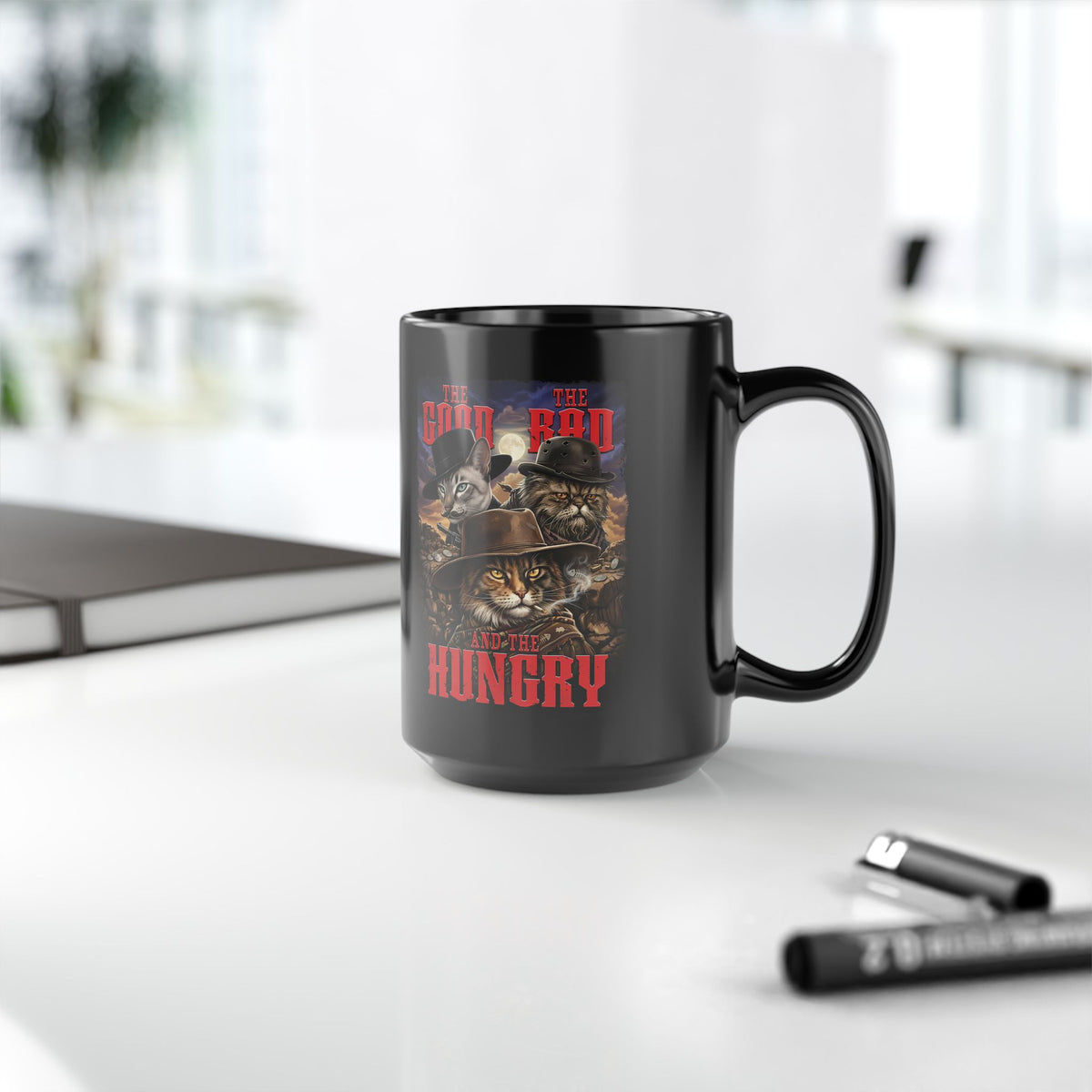 The Good The Bad The Hungry — Cat Parody Black Mug
