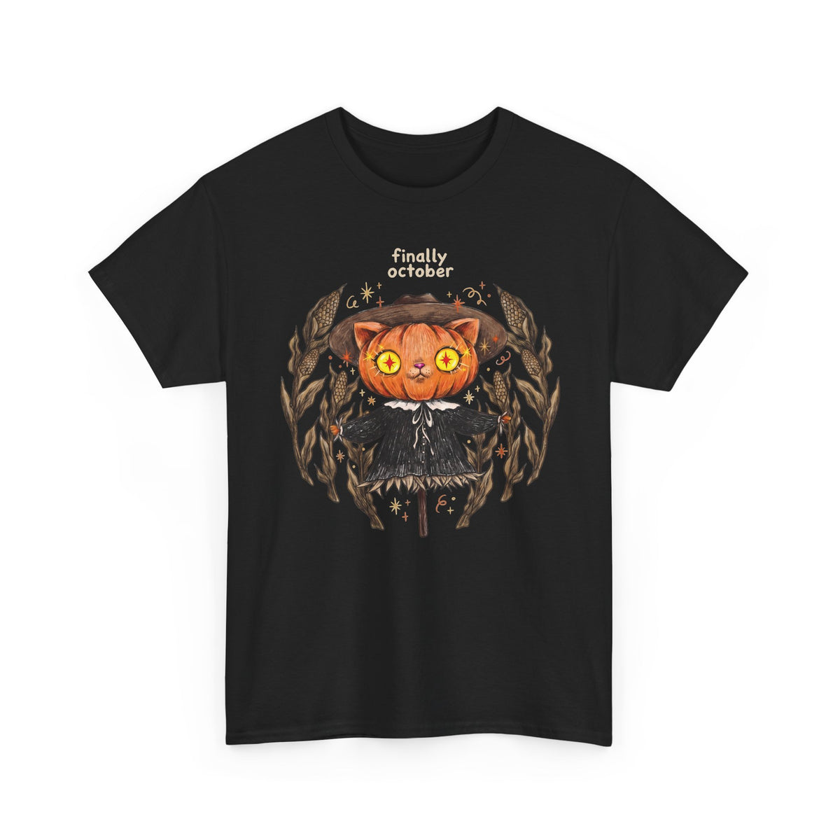 Finally October Pumpkin Cat Scarecrow T-Shirt — Vintage Autumn Halloween Tee