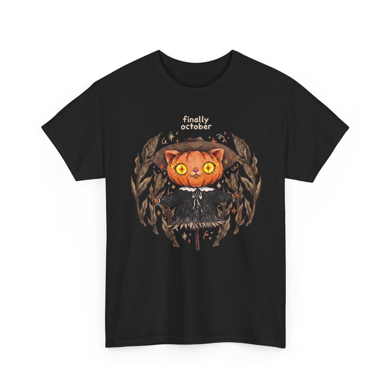 Finally October Pumpkin Cat Scarecrow T-Shirt — Vintage Autumn Halloween Tee