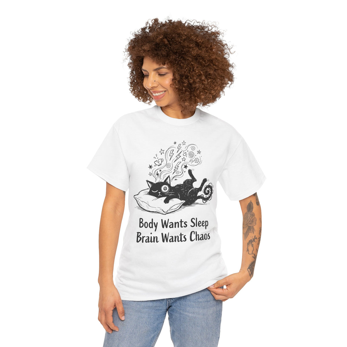 Sleepy Cat Tee — "Body Wants Sleep, Brain Wants Chaos" Graphic T‑Shirt