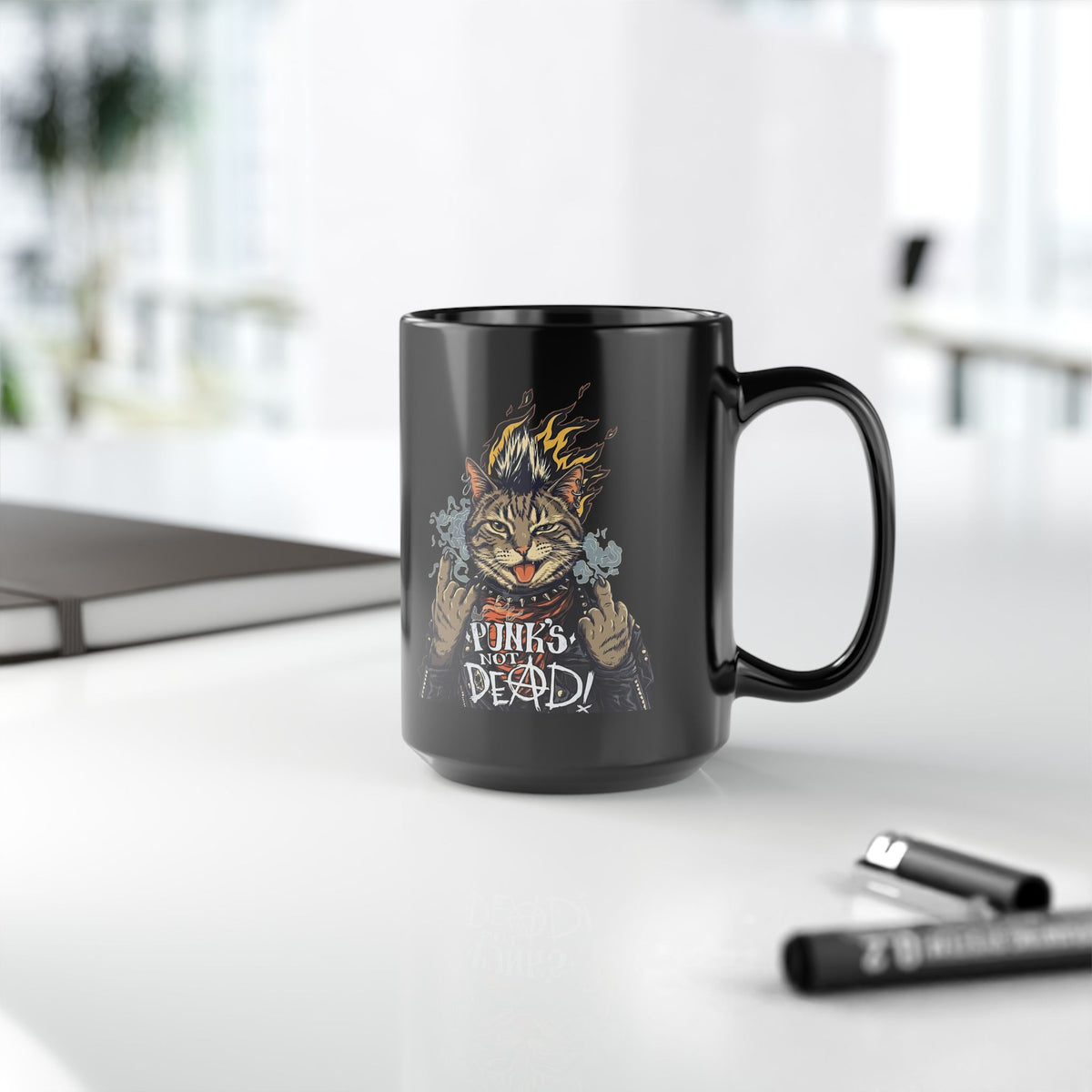 Punks Not Dead Cat Black Mug — Funny Rebel Punk Rock Tabby Mug