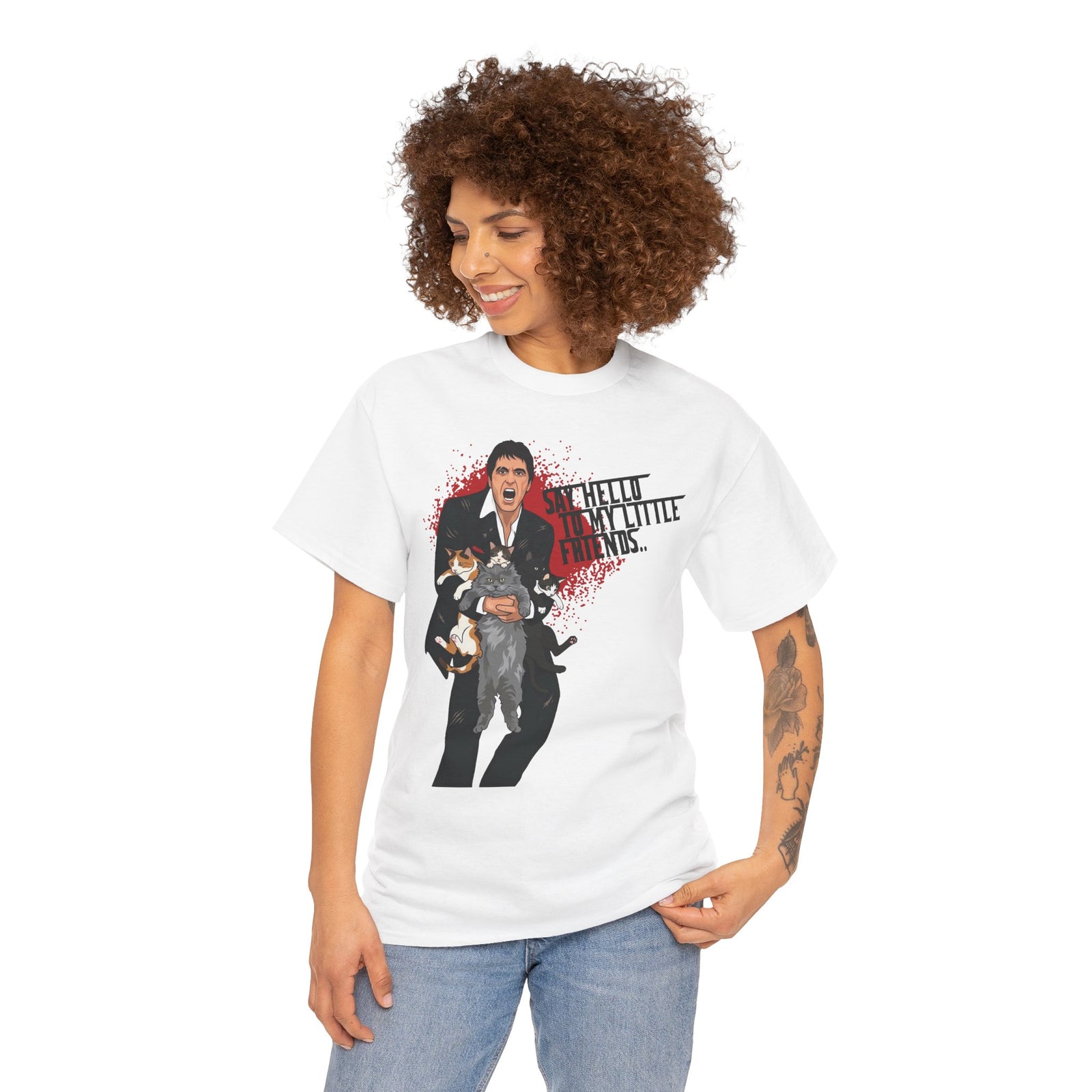 Say Hello To My Little Friends T-Shirt Funny Gangster Holding Cats Graphic Tee