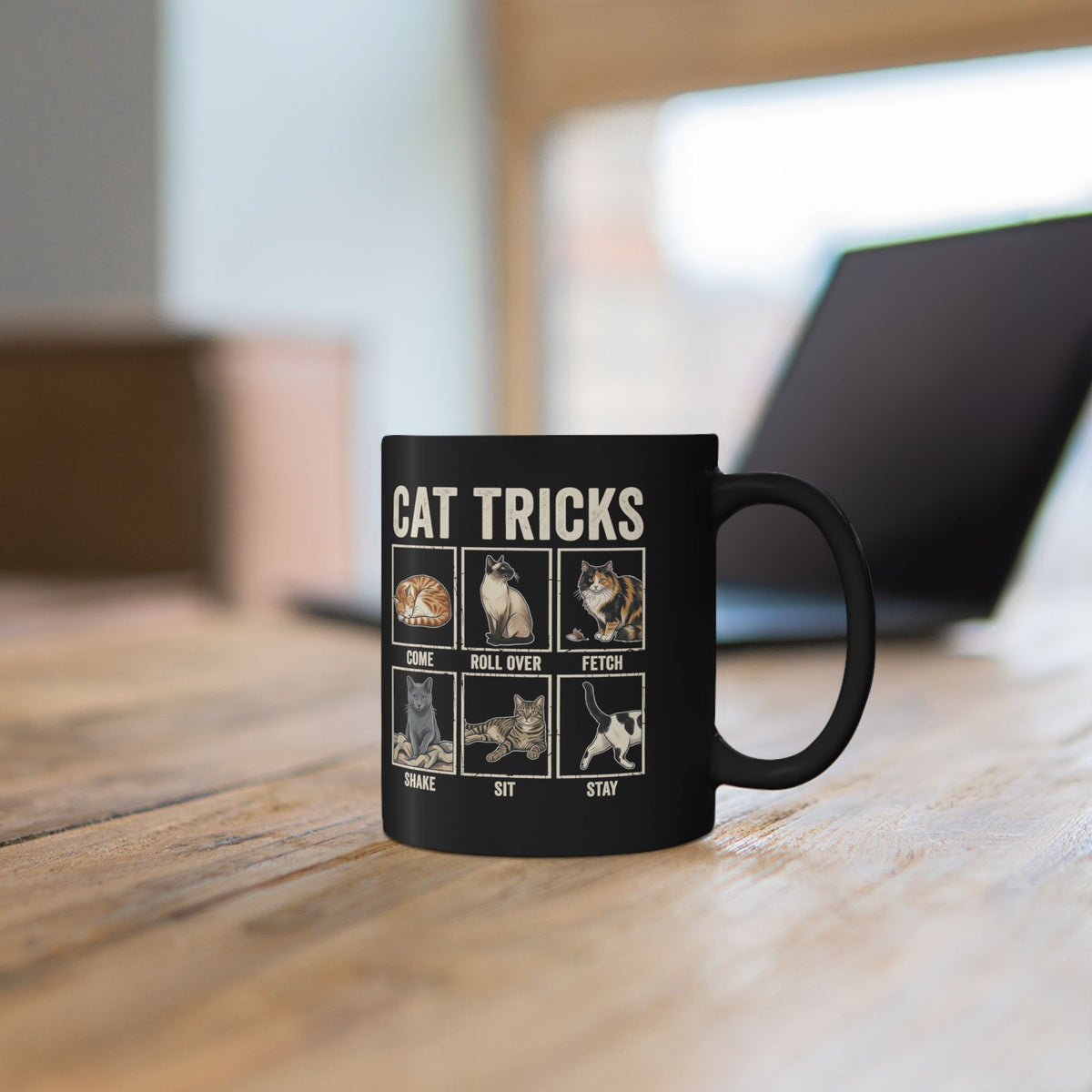 Funny Cat Tricks Black Mug — Cute Cat Humor Mug