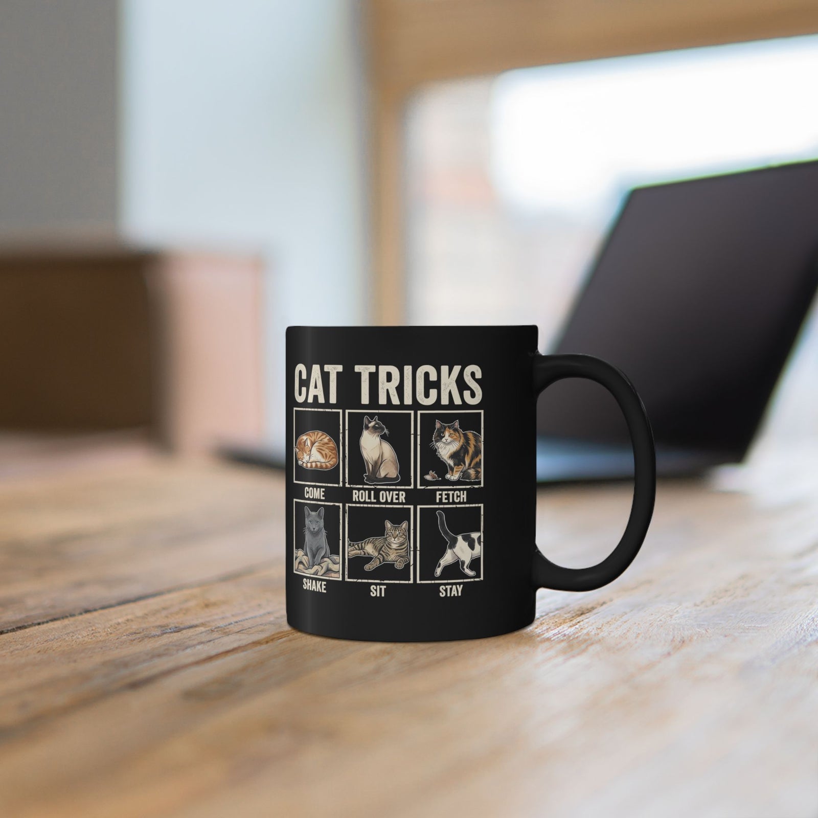 Funny Cat Tricks Black Mug — Cute Cat Humor Mug