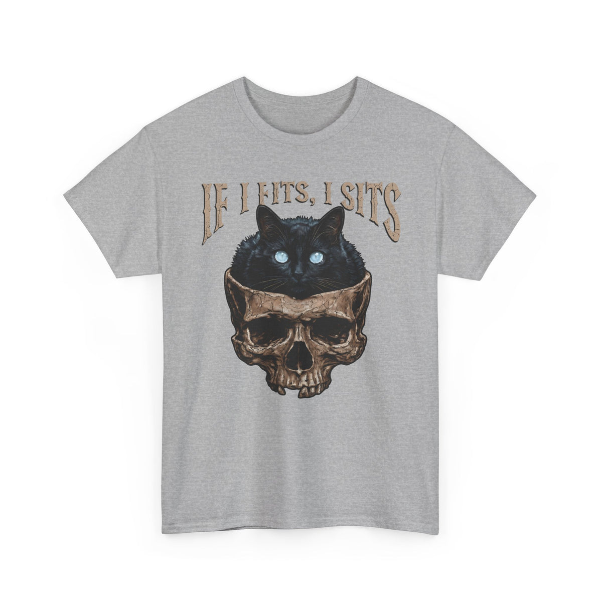 If I Fits I Sits Cat T-Shirt — Funny Gothic Black Cat Skull Graphic