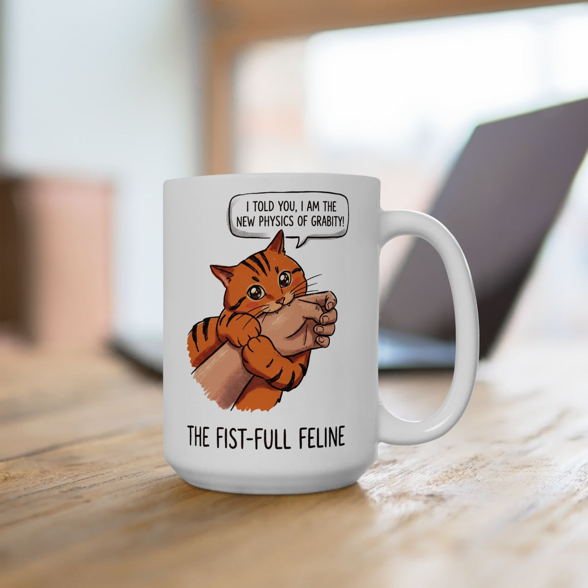 The New Physics Of Grabity Ceramic Mug — Funny Orange Cat Biting Hand Mug