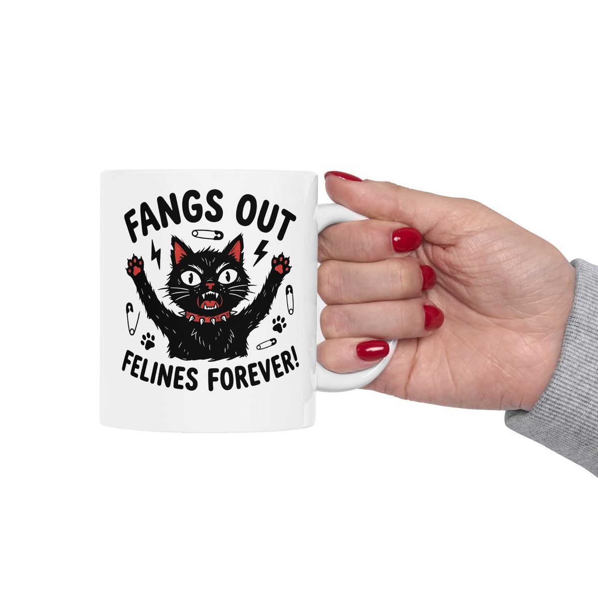 Fangs Out Felines Forever Mug — Cat Lover Graphic T‑Mug
