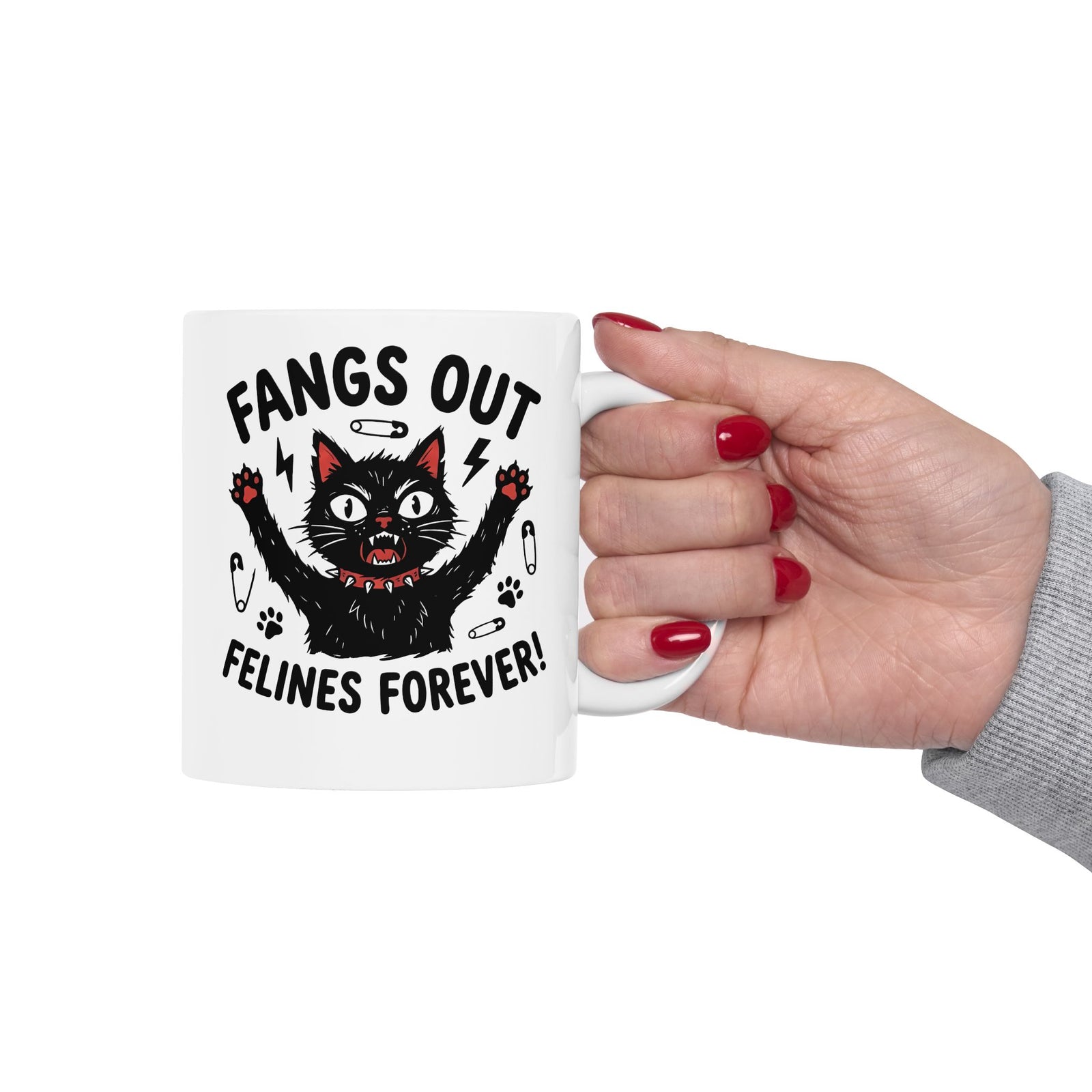 Fangs Out Felines Forever Mug — Cat Lover Graphic T‑Mug