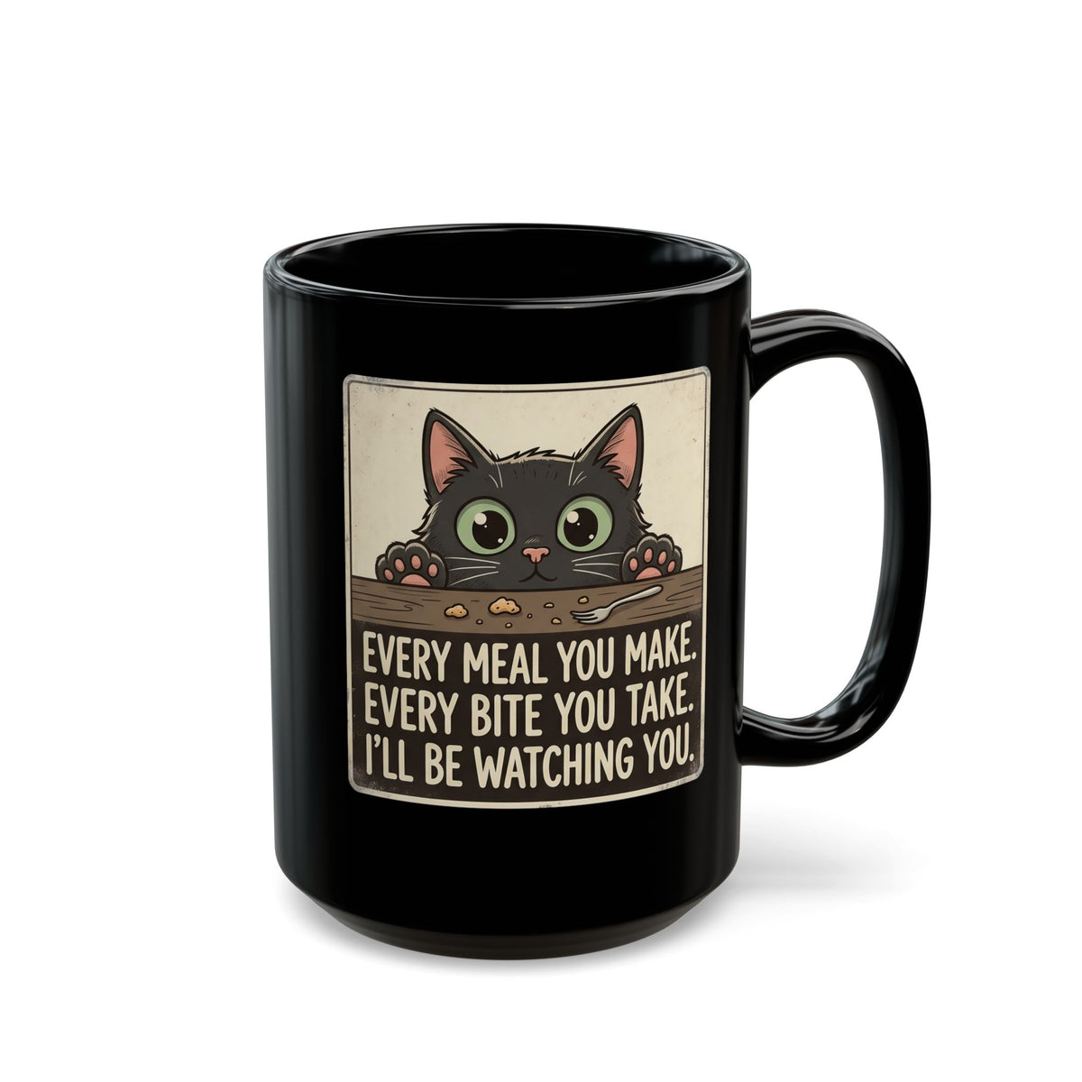 Cute Stalker Cat Watching You Black Mug — Funny Cat Lover Mug