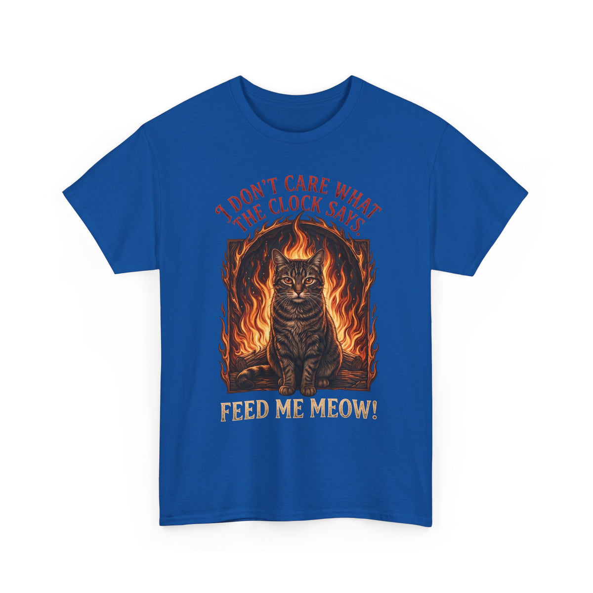 Feed Me Meow T-Shirt — Funny Hungry Tabby Cat Fiery Graphic Tee