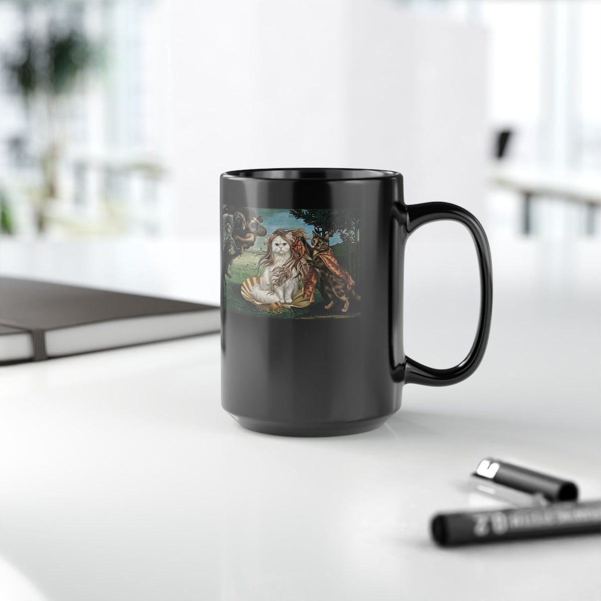 Birth of Venus Kitty Black Mug — Vintage Art Cat Mug