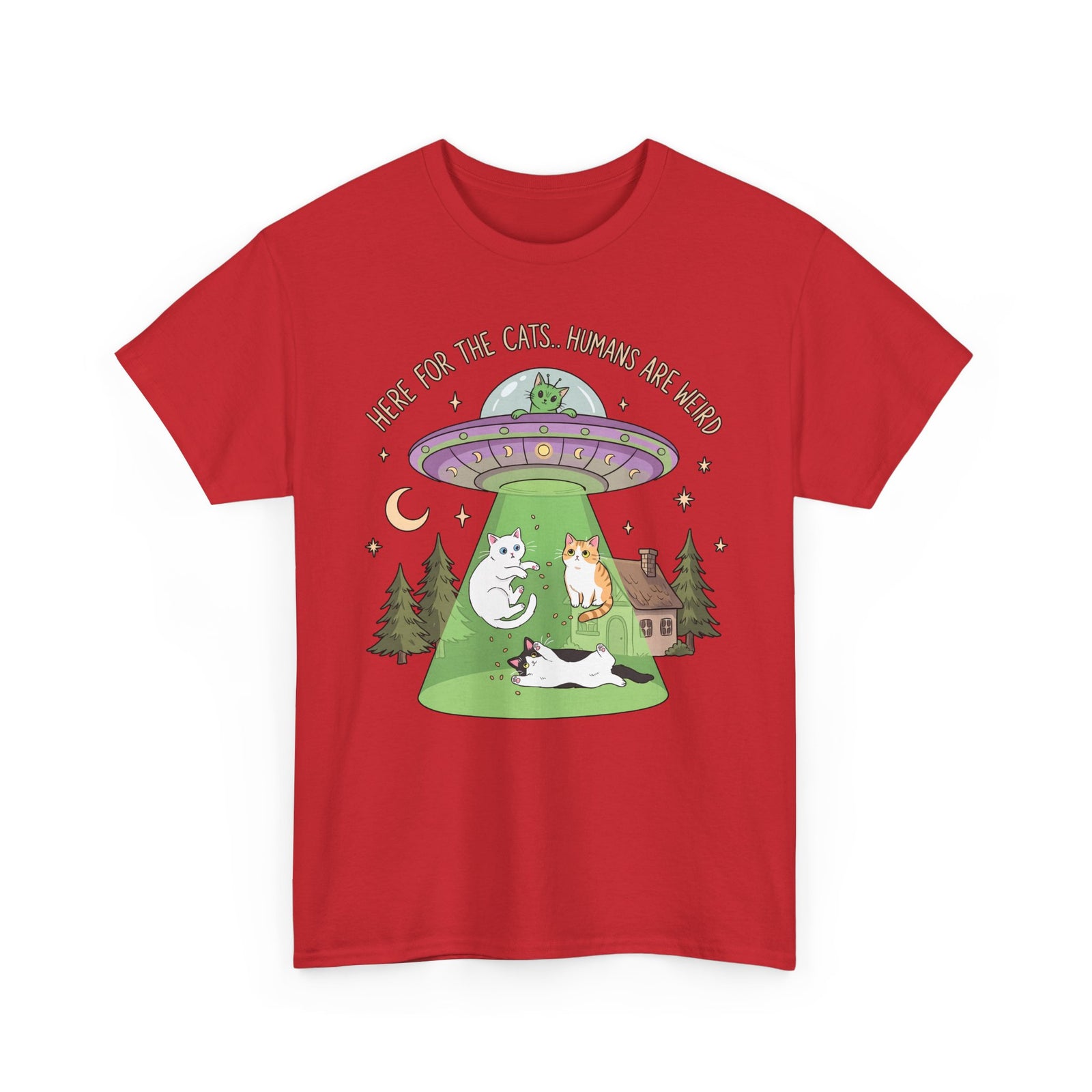 Here For The Cats Humans Are Weird T-Shirt — Funny Alien UFO Cat Tee