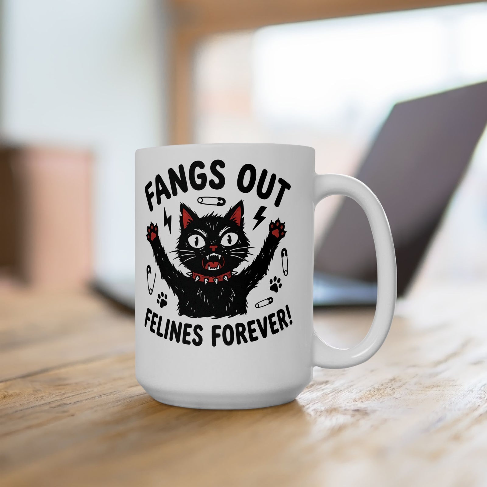 Fangs Out Felines Forever Mug — Cat Lover Graphic T‑Mug