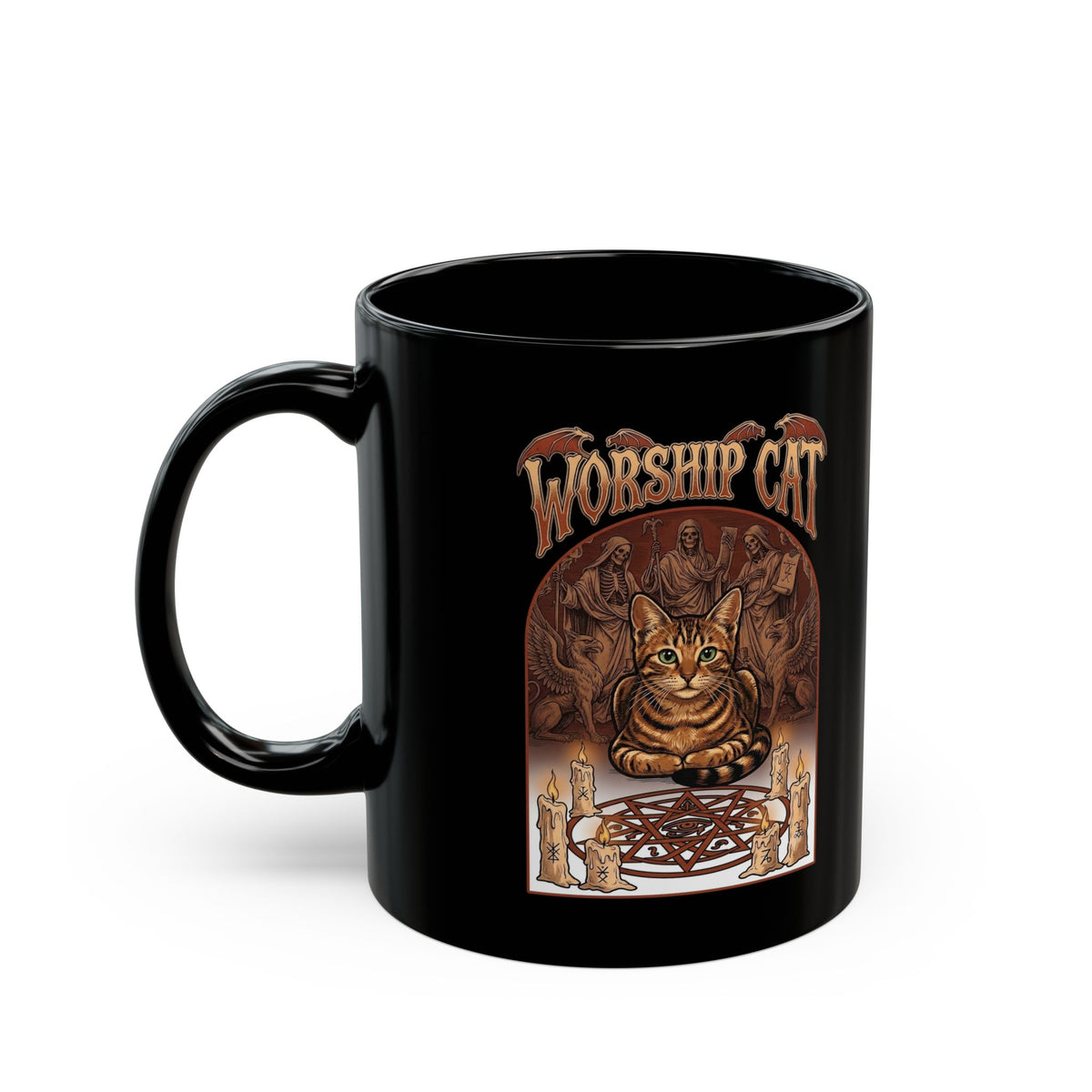 Worship Cat Black Mug — Cute Cat Faith Graphic Mug