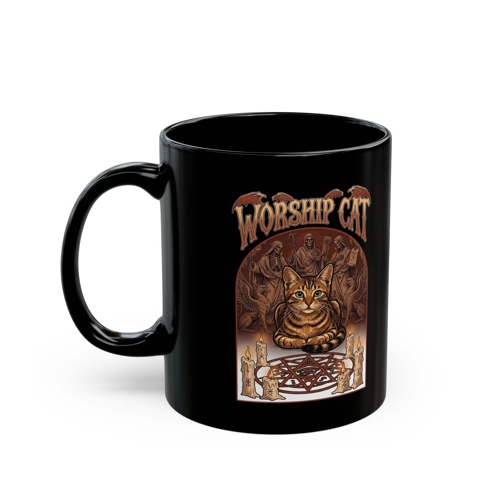 Worship Cat Black Mug — Cute Cat Faith Graphic Mug