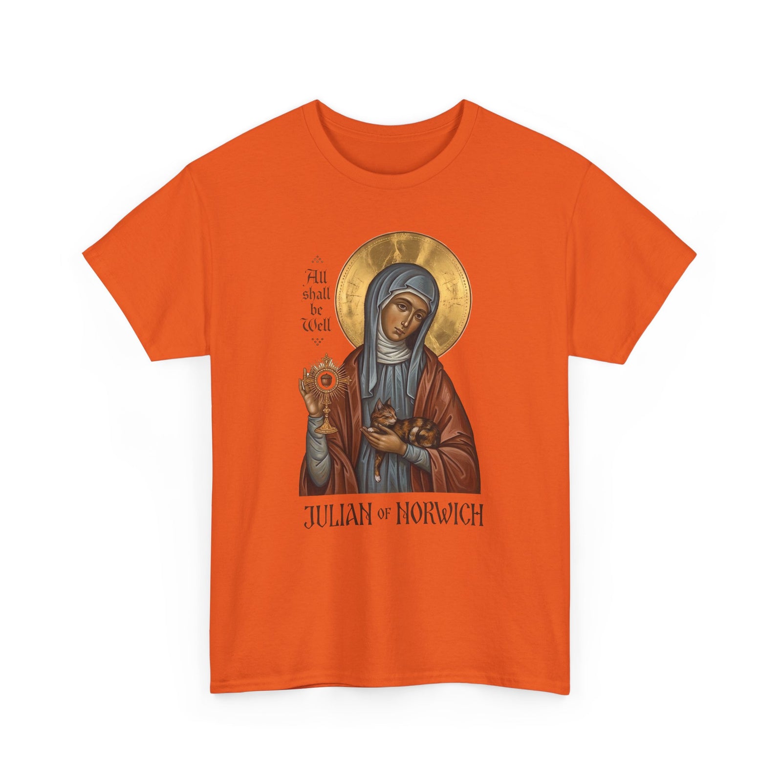 Julian of Norwich & Cat T-Shirt — Spiritual Saint Tee for Cat Lovers